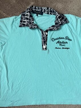 Dior Men's Polo in Light Aqua with Black Logo Collar